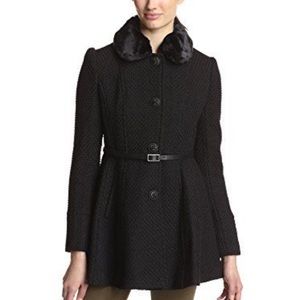 Kensie Fit and Flare Faux Fur Collared Coat Black